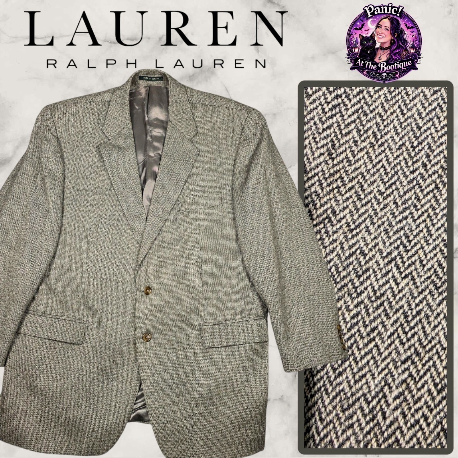 Ralph Lauren Lrl Blazer Mens 46l Tan Gray Herringbone Tweed Pure Wool Sport Coat